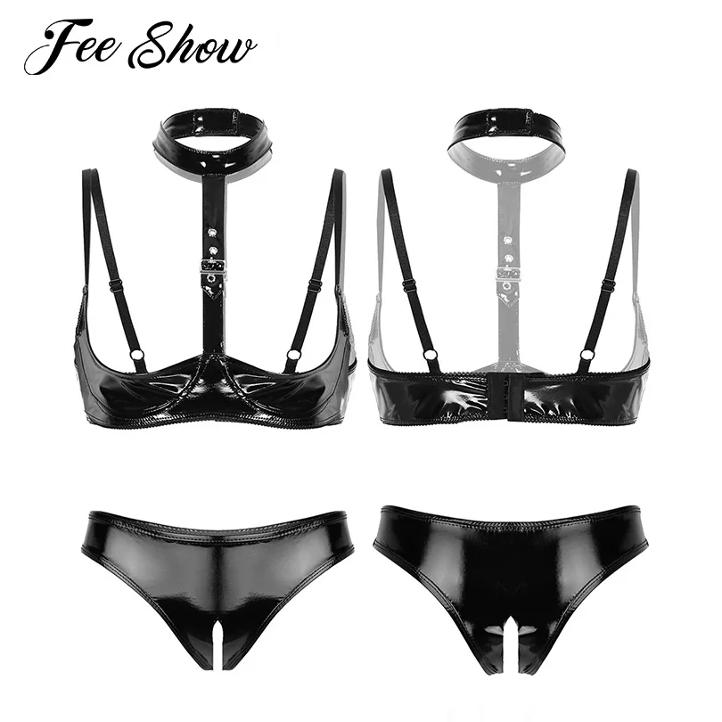 

Сексуальное нижнее белье; Открытый бюстгальтер, женское нижнее белье, кожаный бюстгальтер с открытой промежностью, трусы, комплект нижнего белья, Клубная одежда для вечевечерние