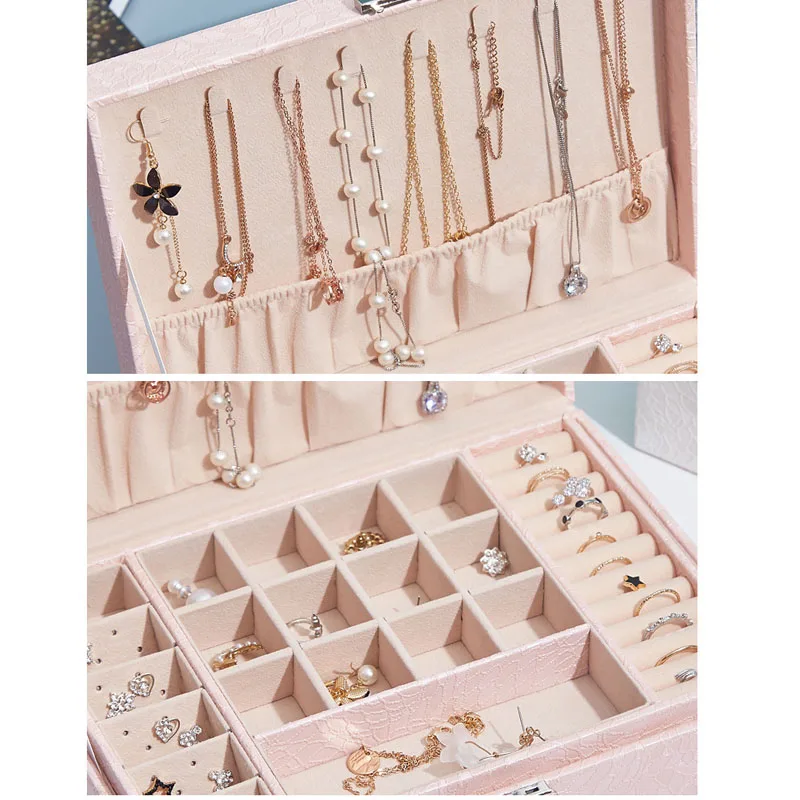 

Women Double-layer Jewelry Box 26*18*8cm European Jewelry Storage Box Large Space Earrings Necklace Holder Case Organizer