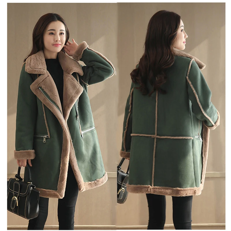 Winter Women Zipper Medium Long Coats Cotton Solid Long Sleeve Outerwear Thick Parkas Female Lambswool Casual Trench New Jackets