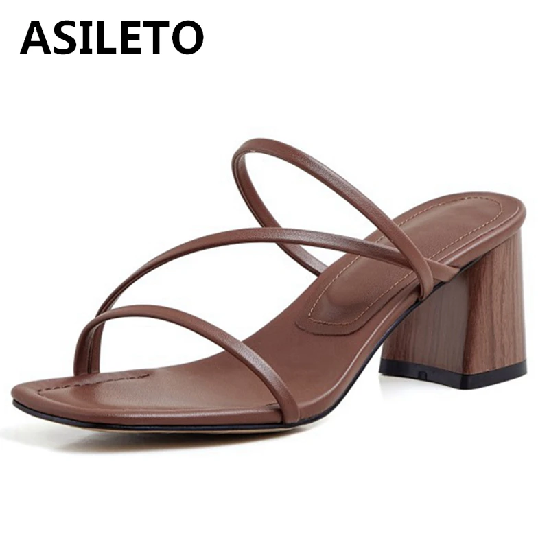 

ASILETO 2021 New Fashion Concise Sandals Narrow Band Solid Open Toe Slip On 7cm Chunky Heel Shoes Size 33-40 Brown Beige A4264