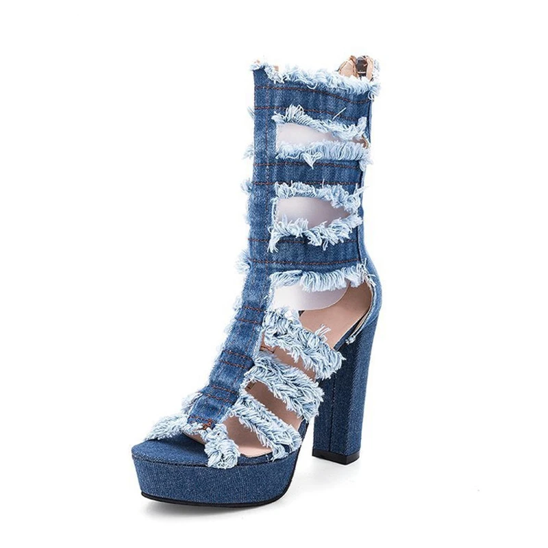 

Fashion Women Cut Out Ankle Boots Blue Denim Short Botines Mujer Spring Autumn Peep Toe Casual Party Dress Shoes