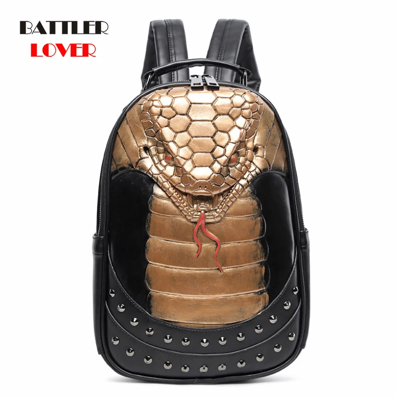 

3D Stereoscopic Silicone Snake Head Backpack Men's Personality Rivets Mochila Black Waterproof Leather Travel Bag