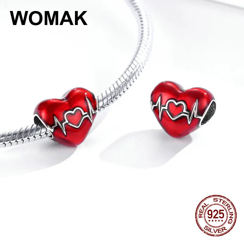 Бусины из серебра 100% пробы с красной эмалью в форме сердца для браслета |