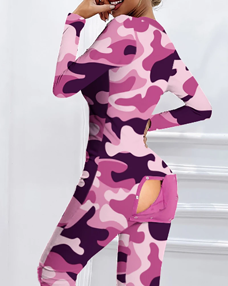 

Sexy Pink Camouflage Functional Buttoned Flap Casual Home Wear Adults Pajamas Nightgown Women Corset Jumpsuits One Piece Pant