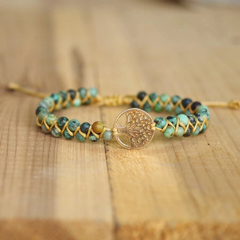 

2021 Handmade Natural Stone Boho Yoga Wrap Bracelet & Bangle Tree Of Life African Japser Braided Charm Bracelet Women Men Gift