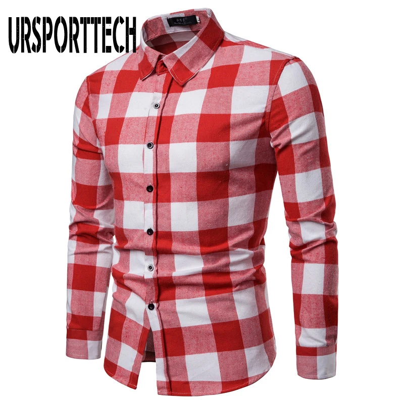 URSPORTTECH Red Black Plaid Shirt Men Spring Autumn Men's Brand Casual Long-sleeved Shirt Slim Fit Soft Comfortable Men's Shirts