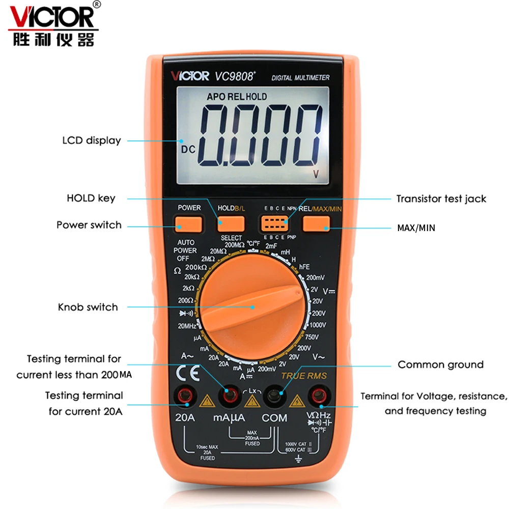 VICTOR VC9806 + VC9808 3 1/2 True RMS цифровой мультиметр 1000 в 20A DC вольтметр Амперметр AC