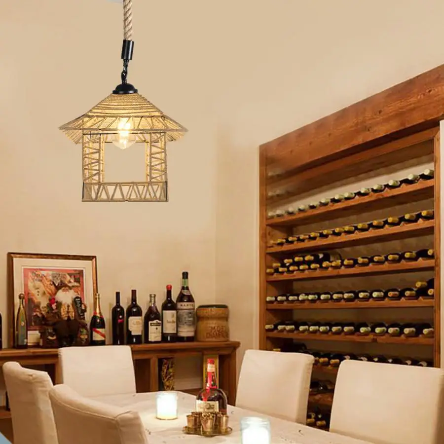 Подвесная лампа в винтажном стиле потолочный светильник из пеньковой веревки E27