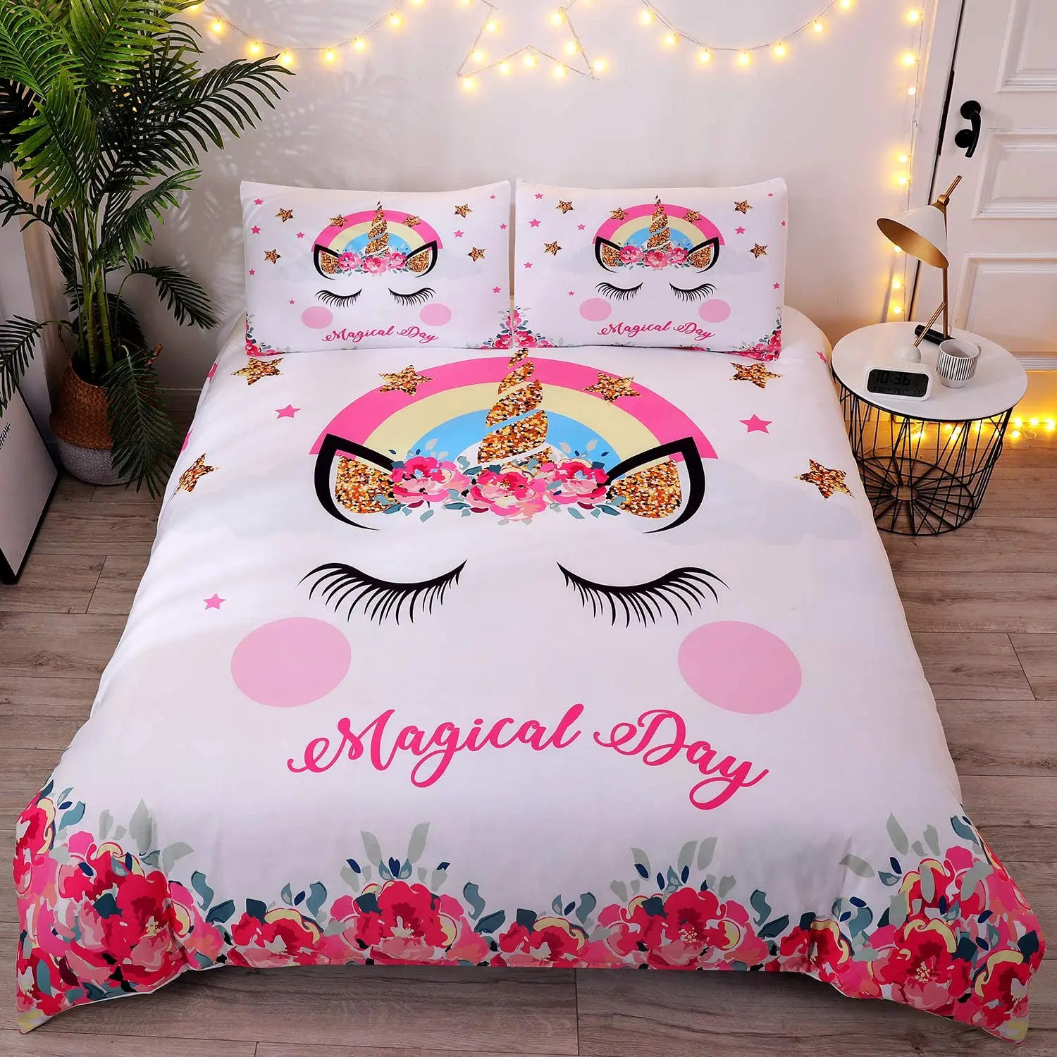 

Cute Flower Unicorn Kids Bedding Set White Pink Golden Ears Unicorn 2/3 Pieces Duvet Cover Sets Gifts for Teens and Girls