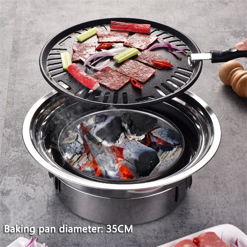 

Korean Non-stick Barbecue Grill Portable Outdoor Barbecue Stainless Steel Charcoal Grill Round Carbon Barbecue Grill