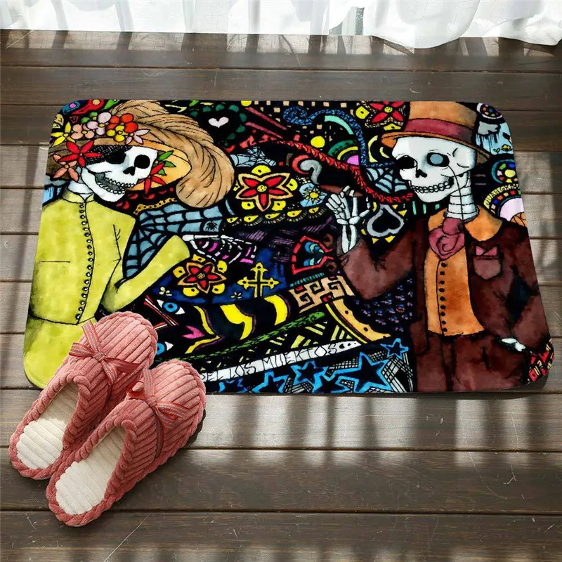 Противоскользящий коврик с изображением цветов черепа девушки дверной мандала