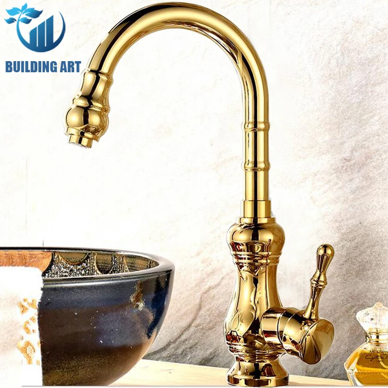

Золотистый латунный Европейский ретро кран для кухни, смеситель с одной ручкой, кран для кухни, бесплатная доставка