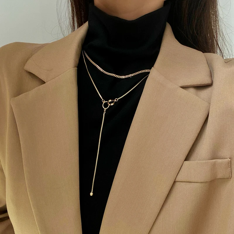 

XIALUOKE Hiphop Rock Punk Style Metal Geometry Double Chain Pendant Long Sweater Necklace For Women Retro Fashion Jewelry Gifts