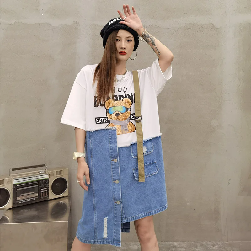 

QING MO Black White Women Irregular Dress 2021 Summer Women Cartoon Printed Dress Female Denim Patchwork Dress ZQY7202