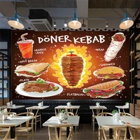 custom hand drawn doner kebab flat bread sandwich plate with orange juice mural wallpaper fast food restaurant wall paper 3d