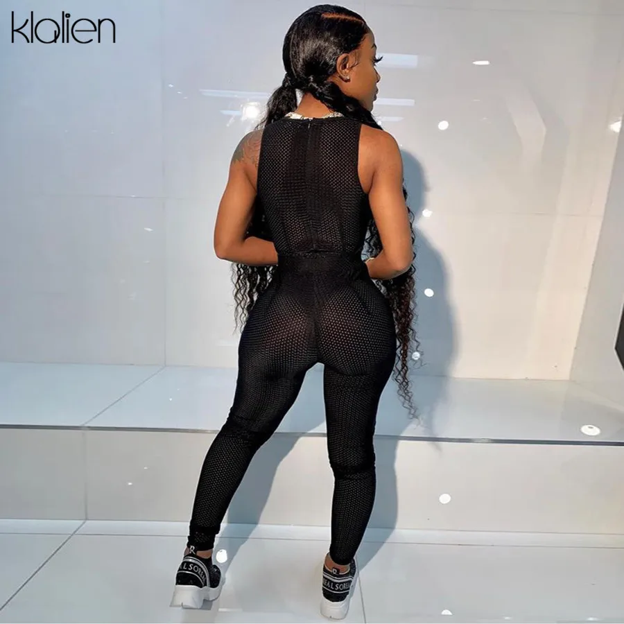 KLALIEN сетчатая ткань прозрачный без бретелек рукавов боди + леггинсы тонкие брюки