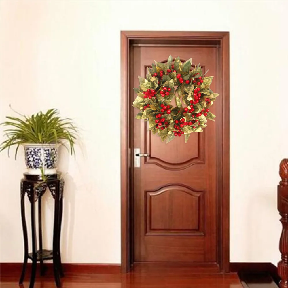 

Christmas Wreath Autumn Color Fake Plant Door Ornaments Leaves Red Fruit Wall Decoration Thanksgiving Day Party Hanging Pendant