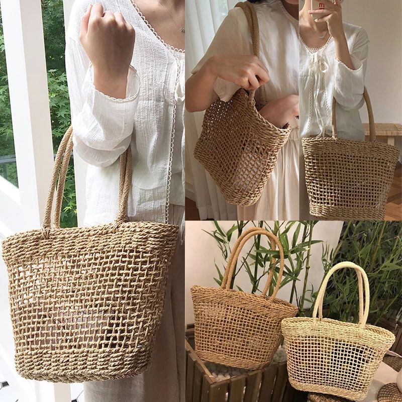 Женская соломенная корзина для покупок, пляжная сумка, летняя сумка на плечо, сумочка