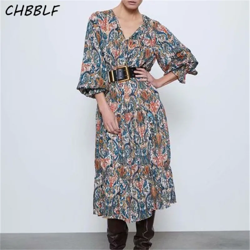 

CHBBLF women retro boho print midi dress straight style long sleeve pleated female casual mid calf dresses vestidos O9566