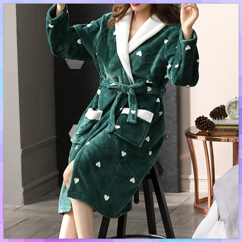 

Solid Warm Robes Women Dressing Gown Winter Coral Fleece Nightdress Sleepwear Female Pajamas Home Clothes Kimono Hotel Bathrobe