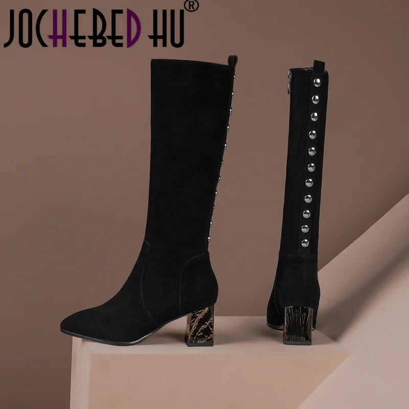 

【JOCHEBED HU】2021 Autumn Winter Long Boots Women Suede Leather High Heel Casual Shoes Zip Rivet Fashion Knee High Boots 33-45