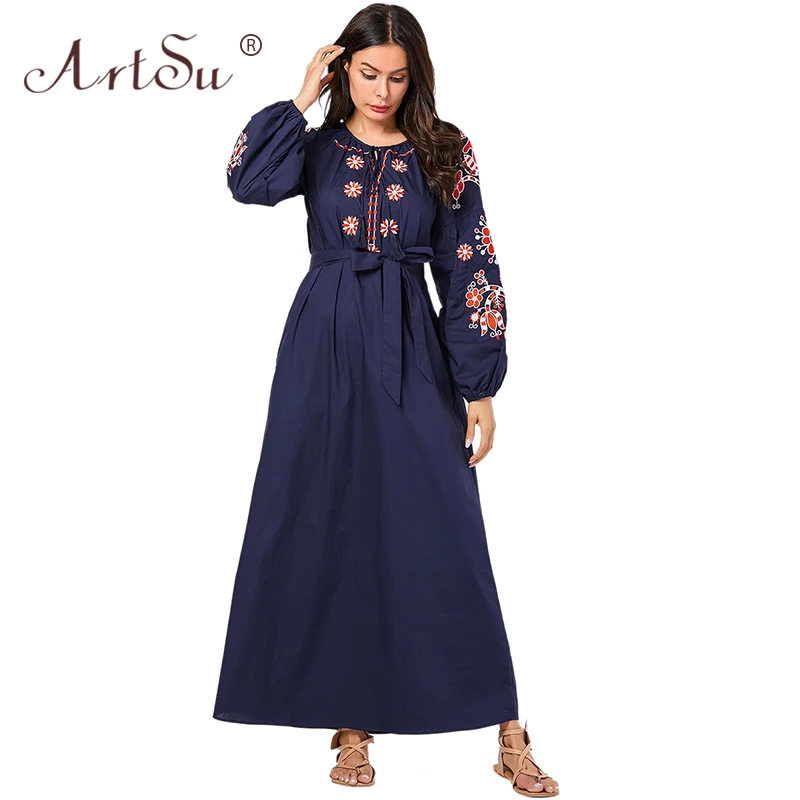 

ArtSu 2019 New Floral Embroidery Retro Ethnic Long Dress Autumn Winter Women Tie O-Neck Tassel Casual Loose Dress Lantern Sleeve