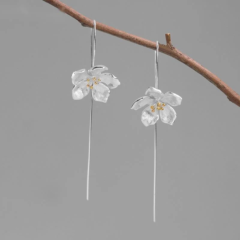 

925 Sterling Silver Fashion Jewelry Cute Peach Blossom Flower Drop Earrings for Women