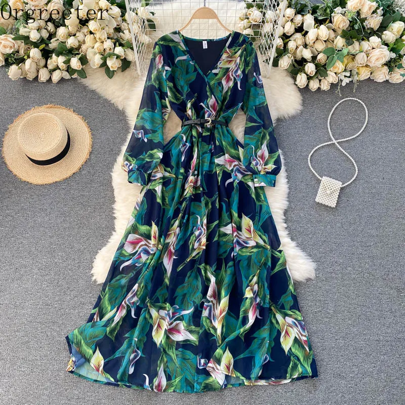 

Summer Fall New Lily Chiffon Printed Dress for Women Vestidos Women's Vacation V-neck With Belt Big Swing Beach Midi Dress