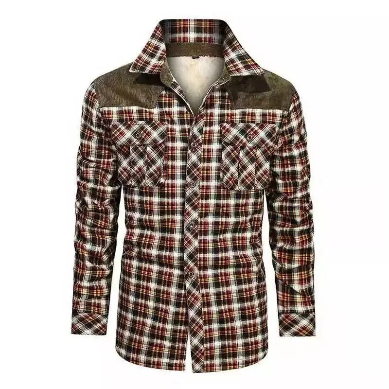 

NEW Autumn cotton winter thickened casual plaid youth spot lapel brown loose men's clothing