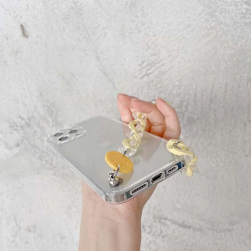 

Phone Case For iPhone 11 12 Pro Max 7 8 Plus X XR XS Max Candy Color Wrist Chain Transparent Back Cover