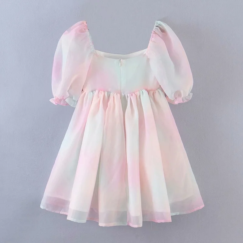 Rainbow Princess Dress For Women Puff Sleeve Square Collar Office Lady Elegant Lovely Fashion Personality Birthday Mini Dress