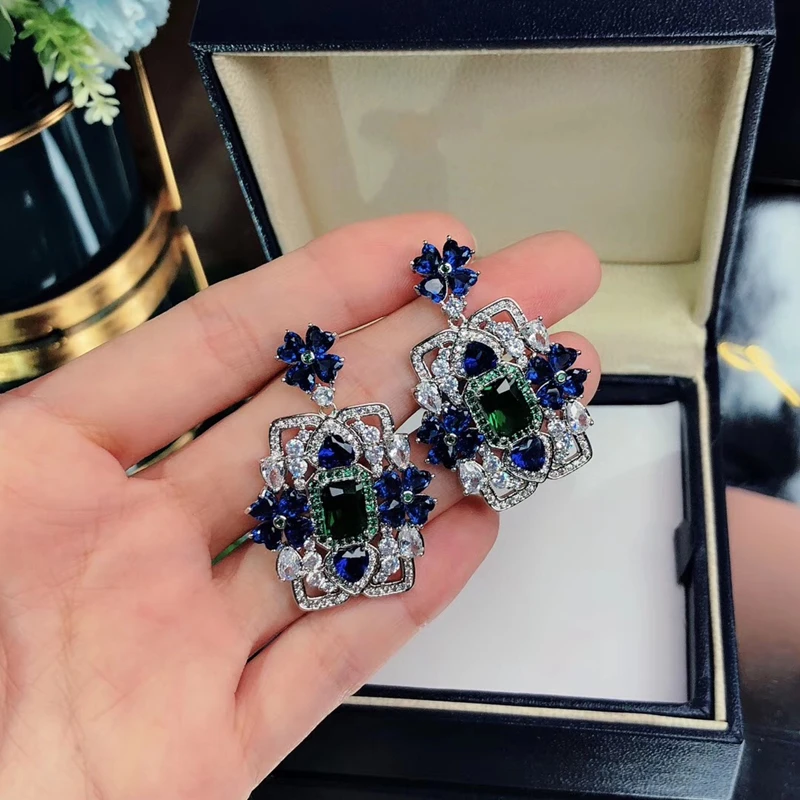 

Royal Blue Square Zircon Flower Dangle Earring S925 Hollow Flower Cuff Earring for Girl Women Wedding Jewelry