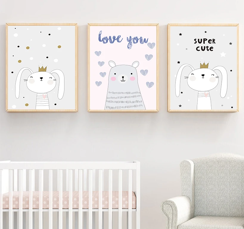 Kawaii настенная Картина на холсте искусственная картина мультяшный медведь Кролик