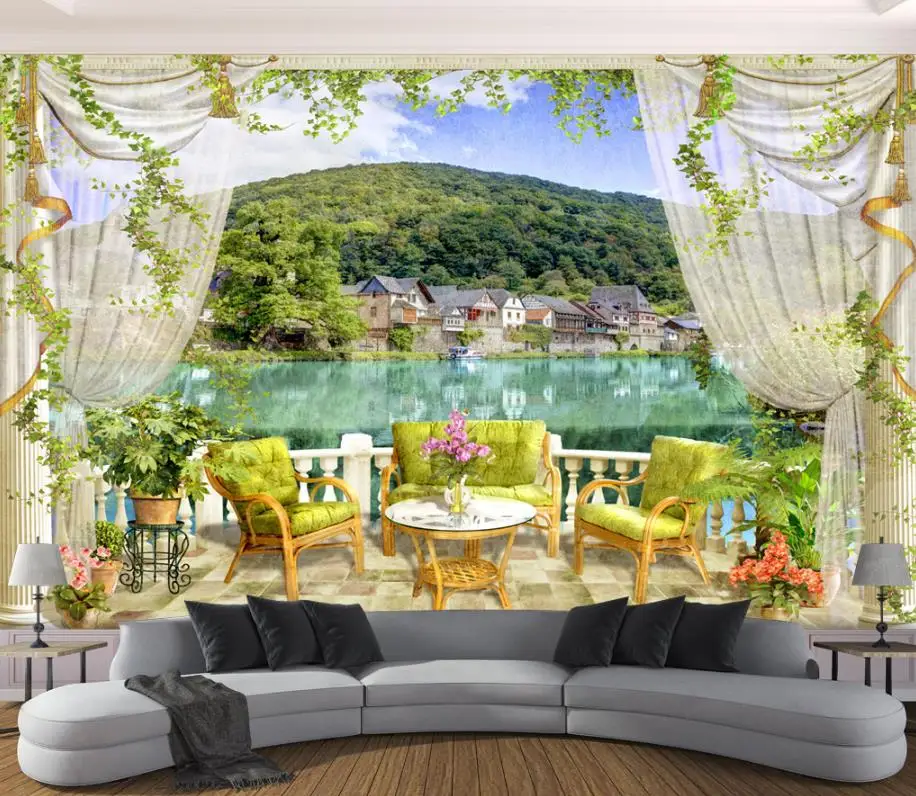 Пользовательские 3d балкон вид на озеро обои для детей стене гостиной спальни зал