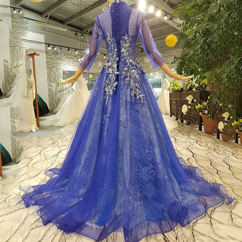 LS921450 дешевые синие платья для матери невесты с высоким воротом женщин