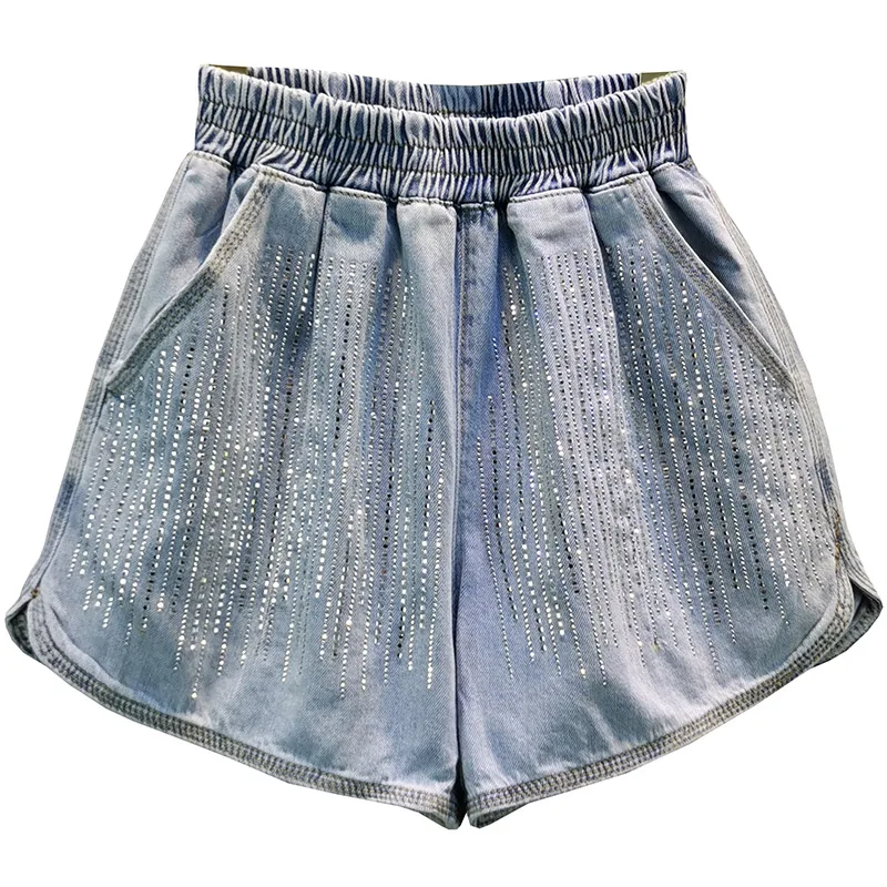 

thin denim women shorts summer new high waist wide leg shine sequinded loose casual all match female shorts top quality