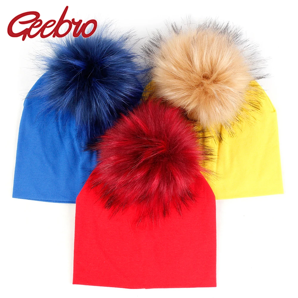 

Geebro Baby Winter New Style Soft Candy Color Beanies Infant Cute Cotton Warm With Pompom Caps Toddler Lovely Skullies Bonnet