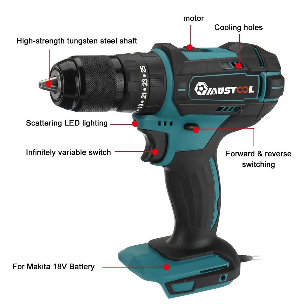 

3 in 1 25+3 Torque Cordless Electric Impact Drill Rechargeable Electric Screwdriver Electric Hammer Drill For Makita 18V Battery