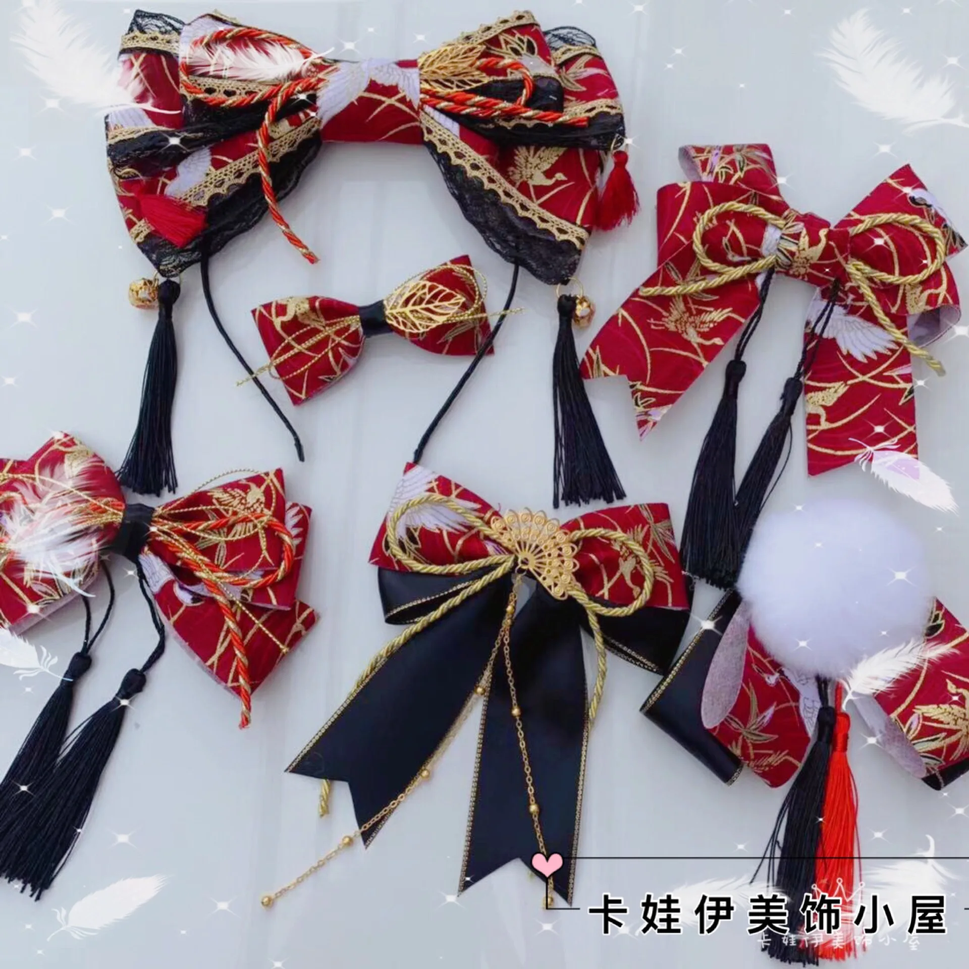 

Soft Sister Lolita Cosplay Kimono bathrobe Tassels Black Red Bow Headband KC Hairpin Hairpin Side Clip With Crane Back Ornament