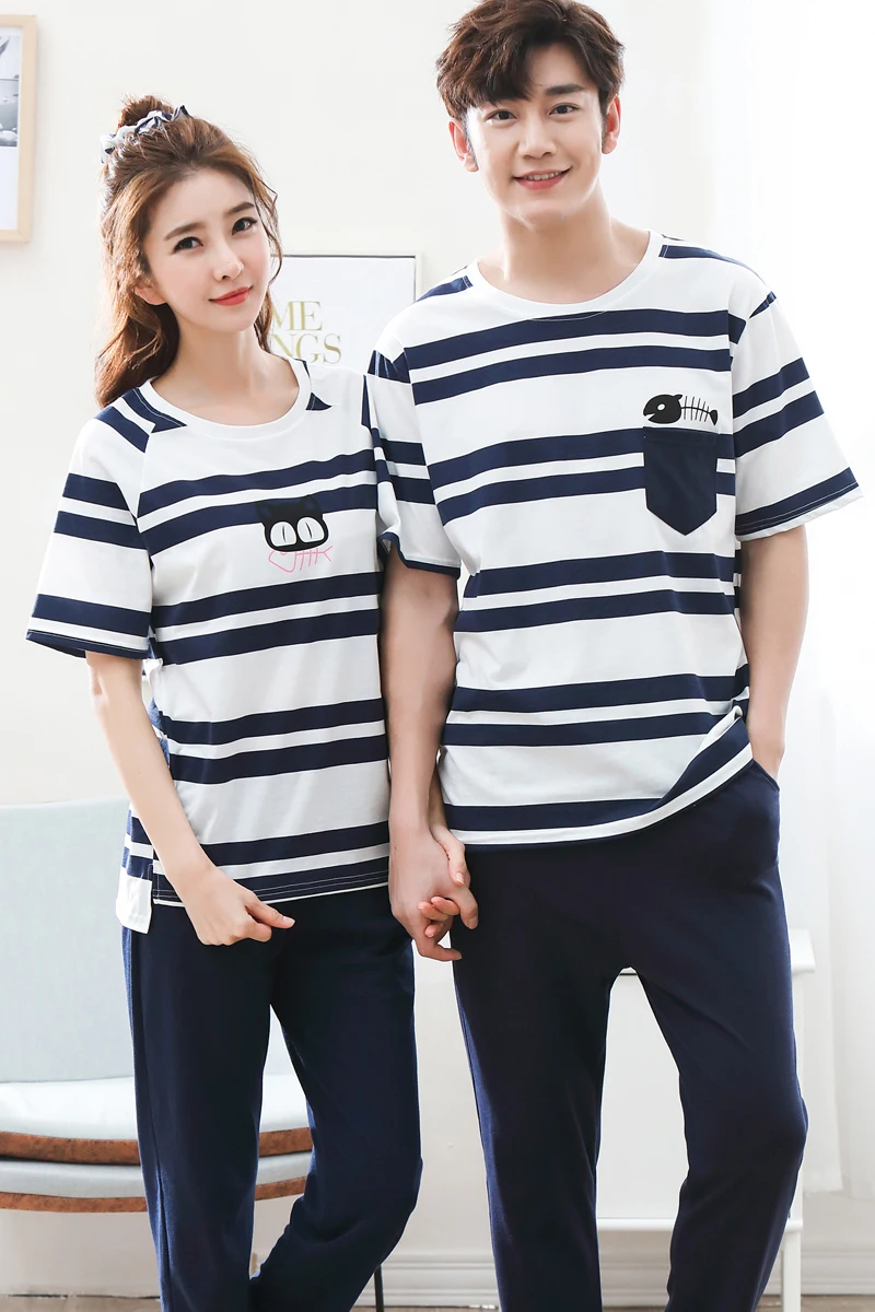 

Summer Men Pajamas Set Cotton Striped Short Sleeve Round Neck Couple Pajamas Set Plus Size M-3XL Leisure Loose Lovers Pyjamas