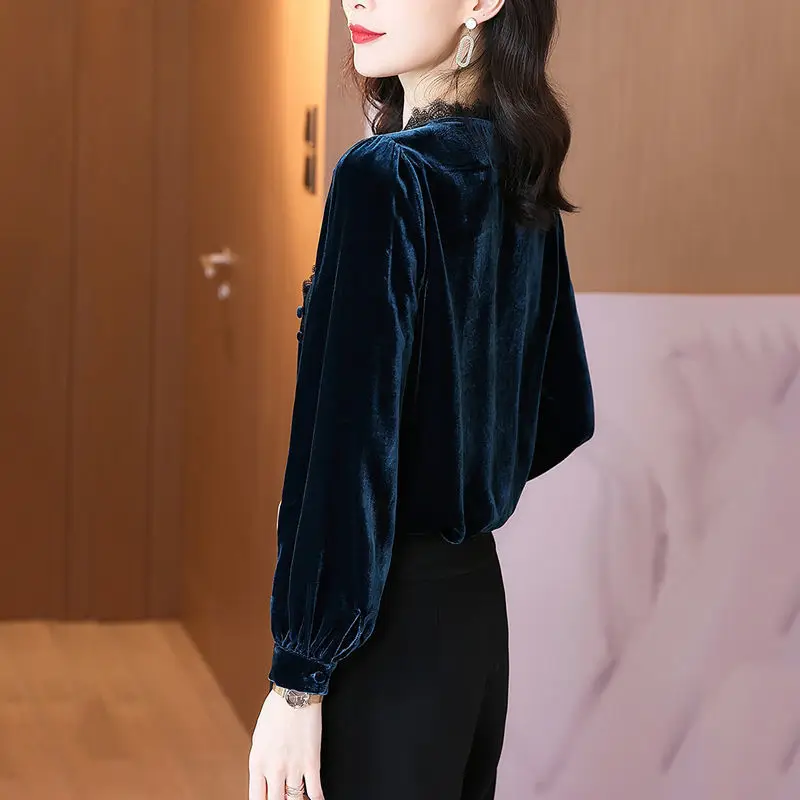 Женская блузка свободного покроя золотистая бархатная на осень/зиму новинка 2023