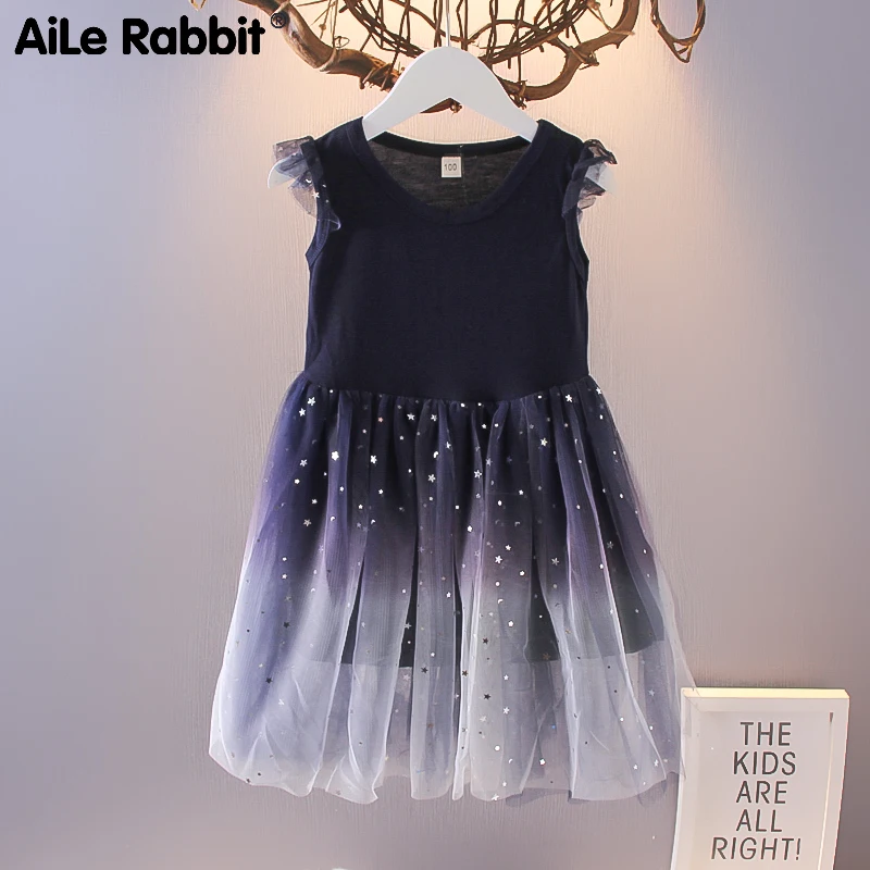 

Летнее Новое поступление, платья для девочек, модное платье с изображением звездного неба, Сетчатое Пышное Платье для маленькой принцессы, ...