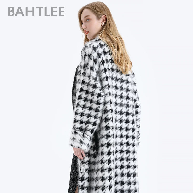 BAHTLEE Women Angora Long Coat Houndstooth Pattern Sweater Winter Wool Knitted Cardigans Jumper Turn Down Collar Sleeves |
