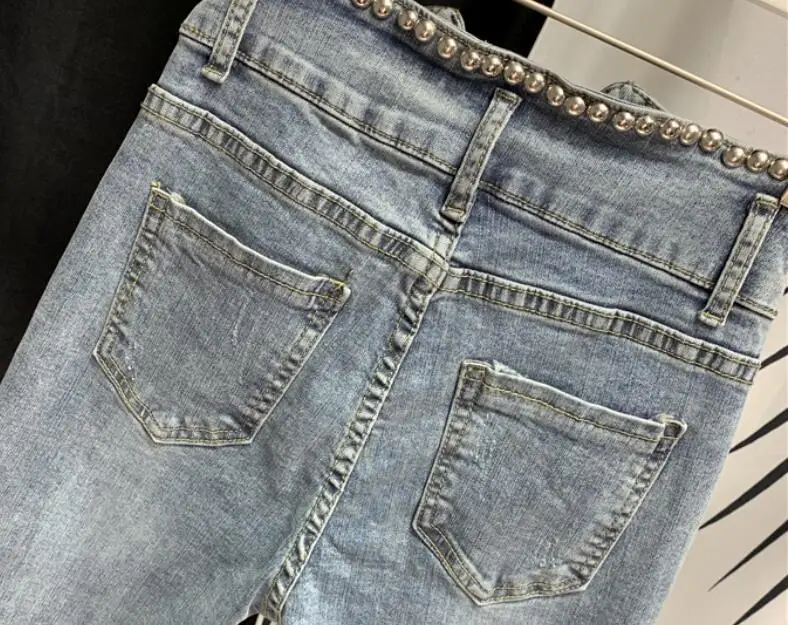 

2020 Spring Summer Jeans New High Waist Jeans Beaded Jeans Women's Slim-Fit Denim Pencil Pants Spodnie Damskie p540