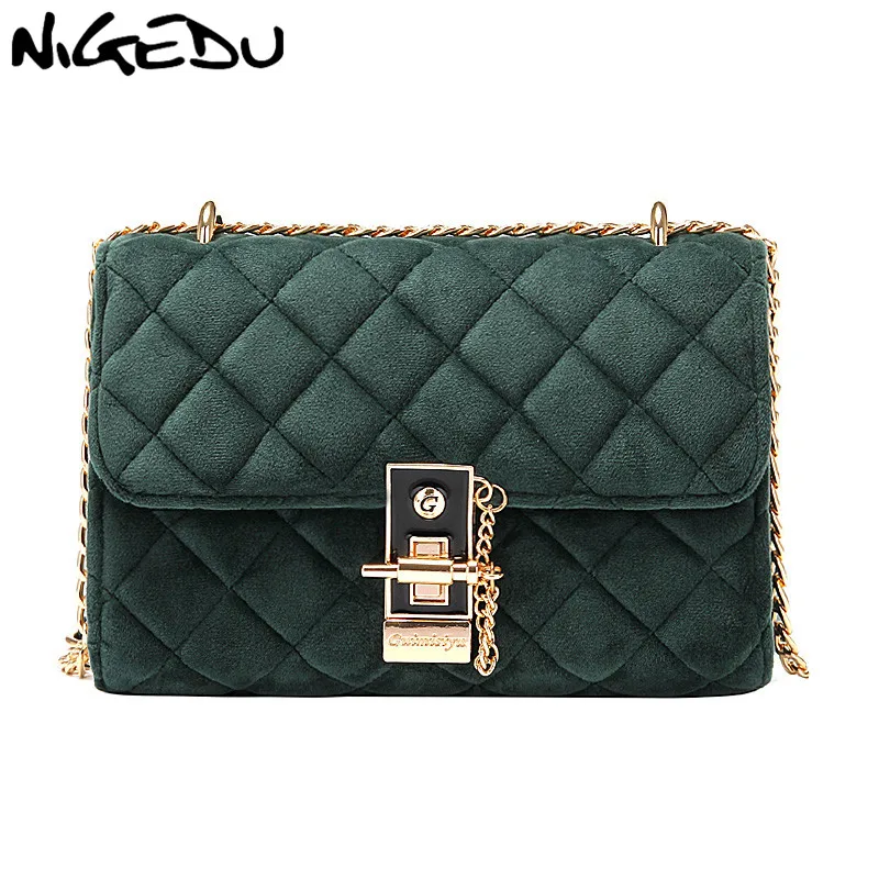 

NIGEDU Diamond pattern women shoulder bags small winter Soft velvet flap messenger bags for Ladies chain sling bags bolsas balck
