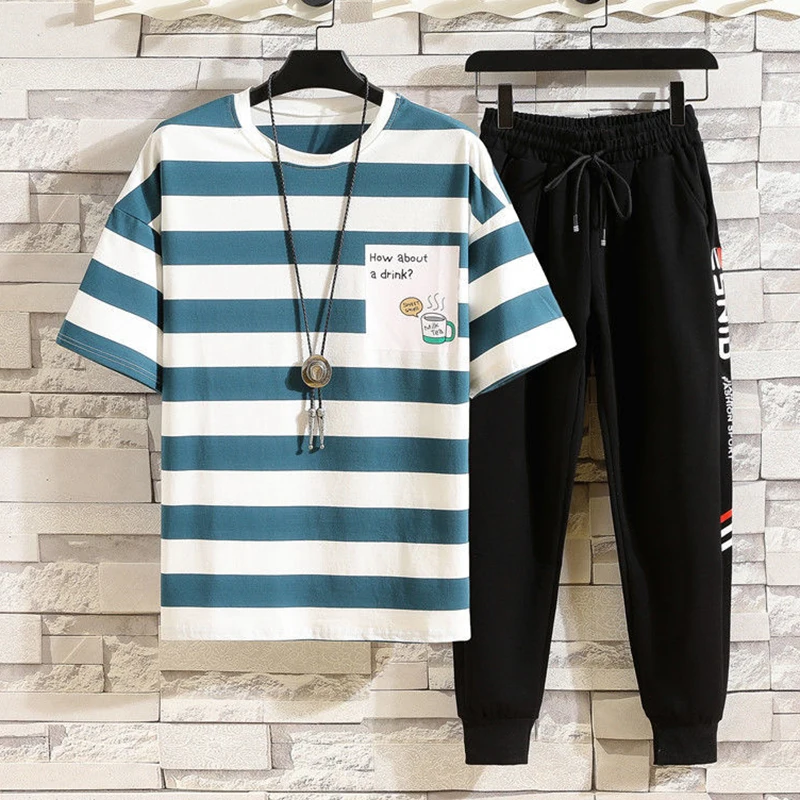 

Male Set 2021 Streetwear T-shirt and Ankle-length Pant hip hop outwear men Suit Two Piece Set Casual Clothes size M-3XL