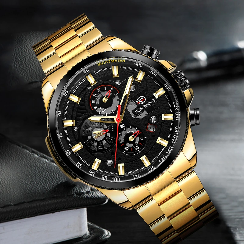 Прямая поставка Модные Forsining три циферблата календарь дисплей Черный