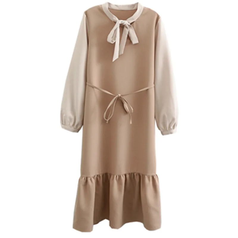 

2020 New Spring summer Dresses Women Vintage Plus size Japanese Patchwork Long sleeve Faux Two Bow Tie Dress Female vestidos