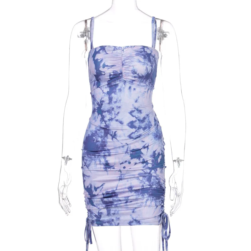 

2020 Sleeveless Print Ruched Bandage Sexy Mini Dress Summer Women Fashion Streetwear NIght Club Pleated Outfits Sundress