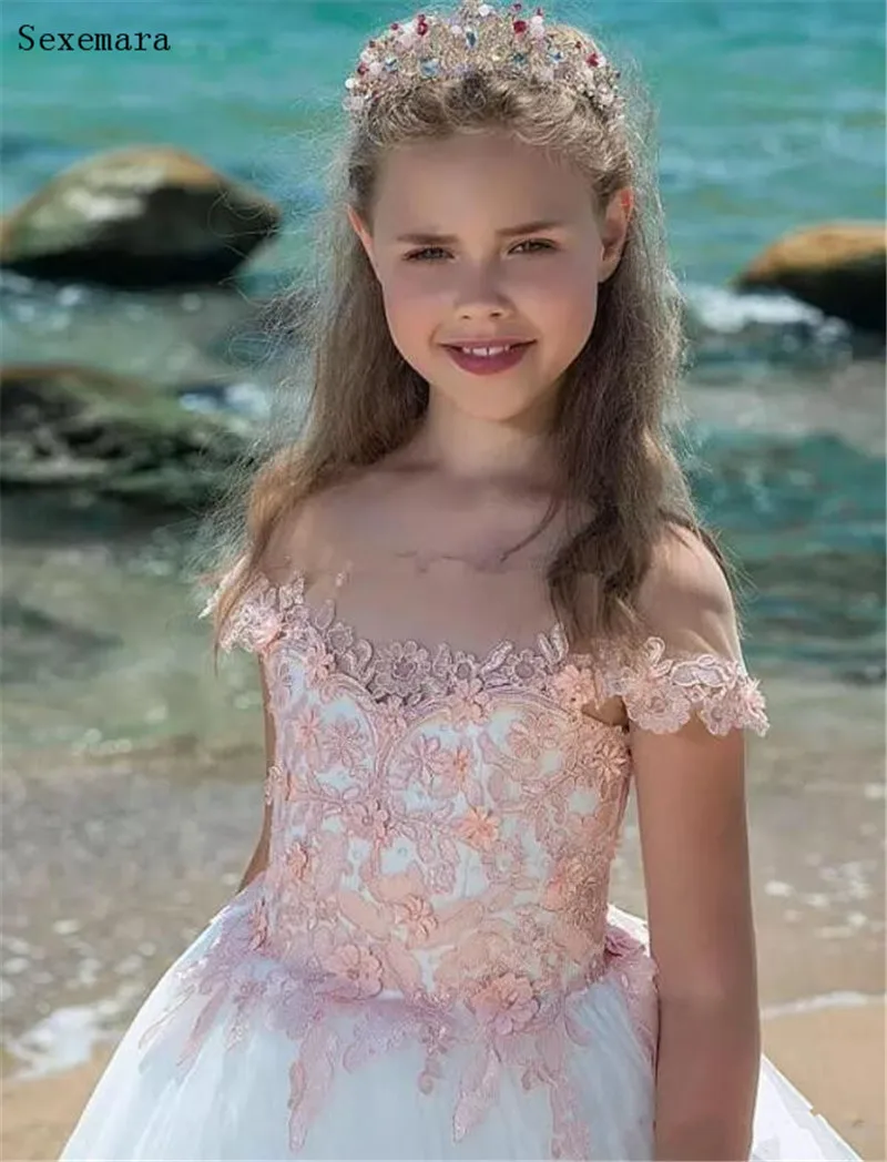 New Flower Girl Dresses Pink Lace Appliques with Long Train Princess First Communion Dress Custom Made | Детская одежда и обувь